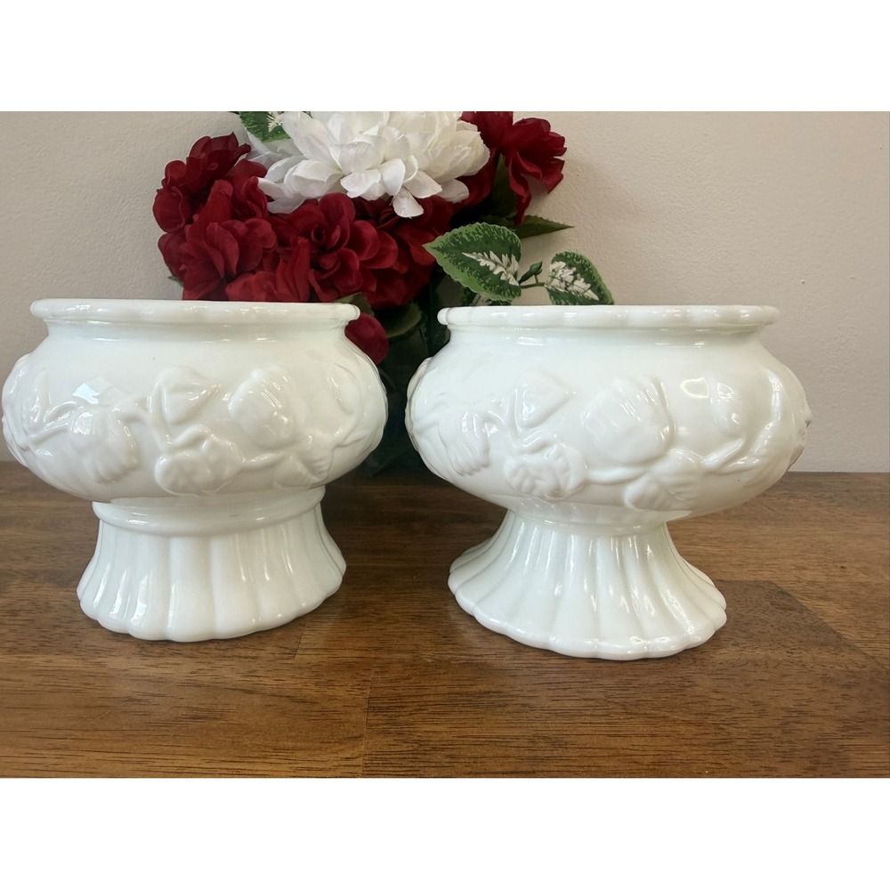 Vintage Milk Glass Embossed Floral Pedestal Planter Pair Holiday‎ Wedding Decor